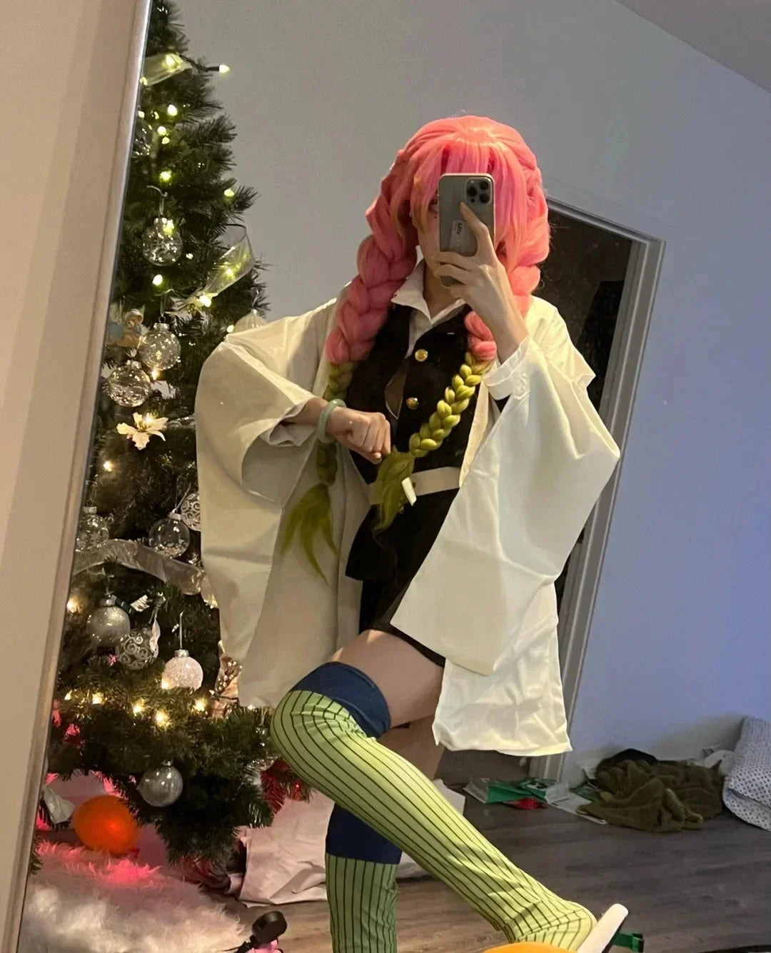 Anime Kanroji Mitsuri Cosplay Costume Kimono Haori Dress Wig Clothes Halloween Costume for Adult Children