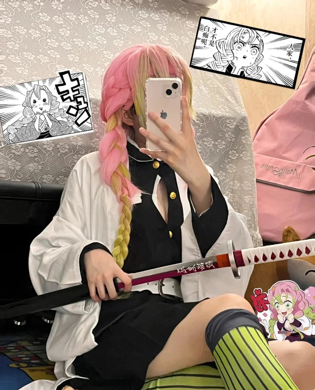 Anime Kanroji Mitsuri Cosplay Costume Kimono Haori Dress Wig Clothes Halloween Costume for Adult Children