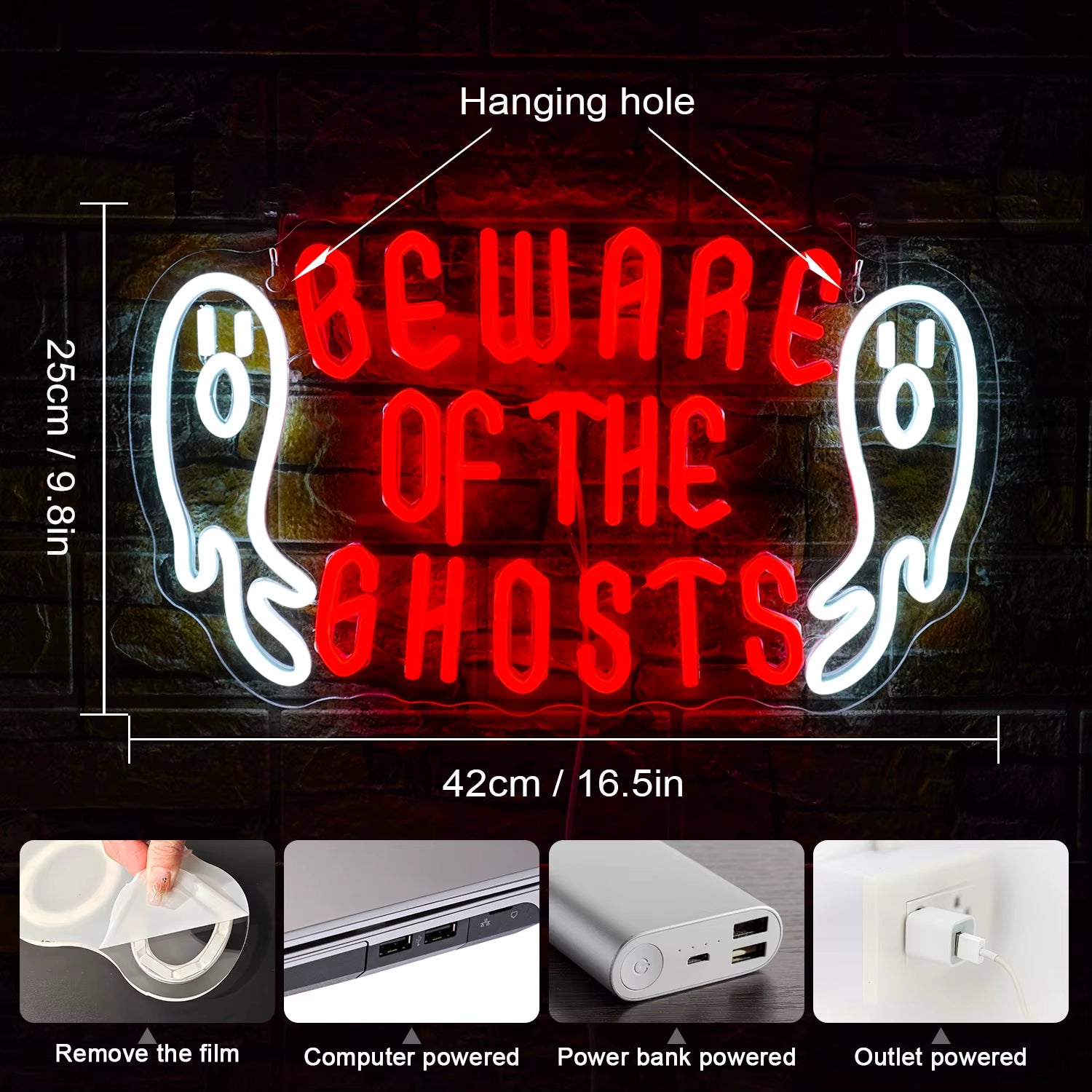 Beware of Ghosts Neon Sign Halloween Neon Lights Wall Decoration Ghost Neon Lights Halloween Bedroom Bar Party Halloween Gift